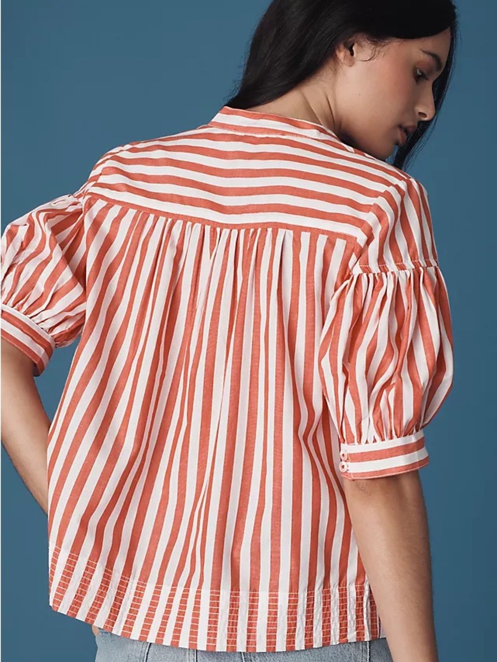 Anthropologie Darcy Popover Orange and White Striped V-Neck Puff Sleeve Blouse - Picture 2 of 12